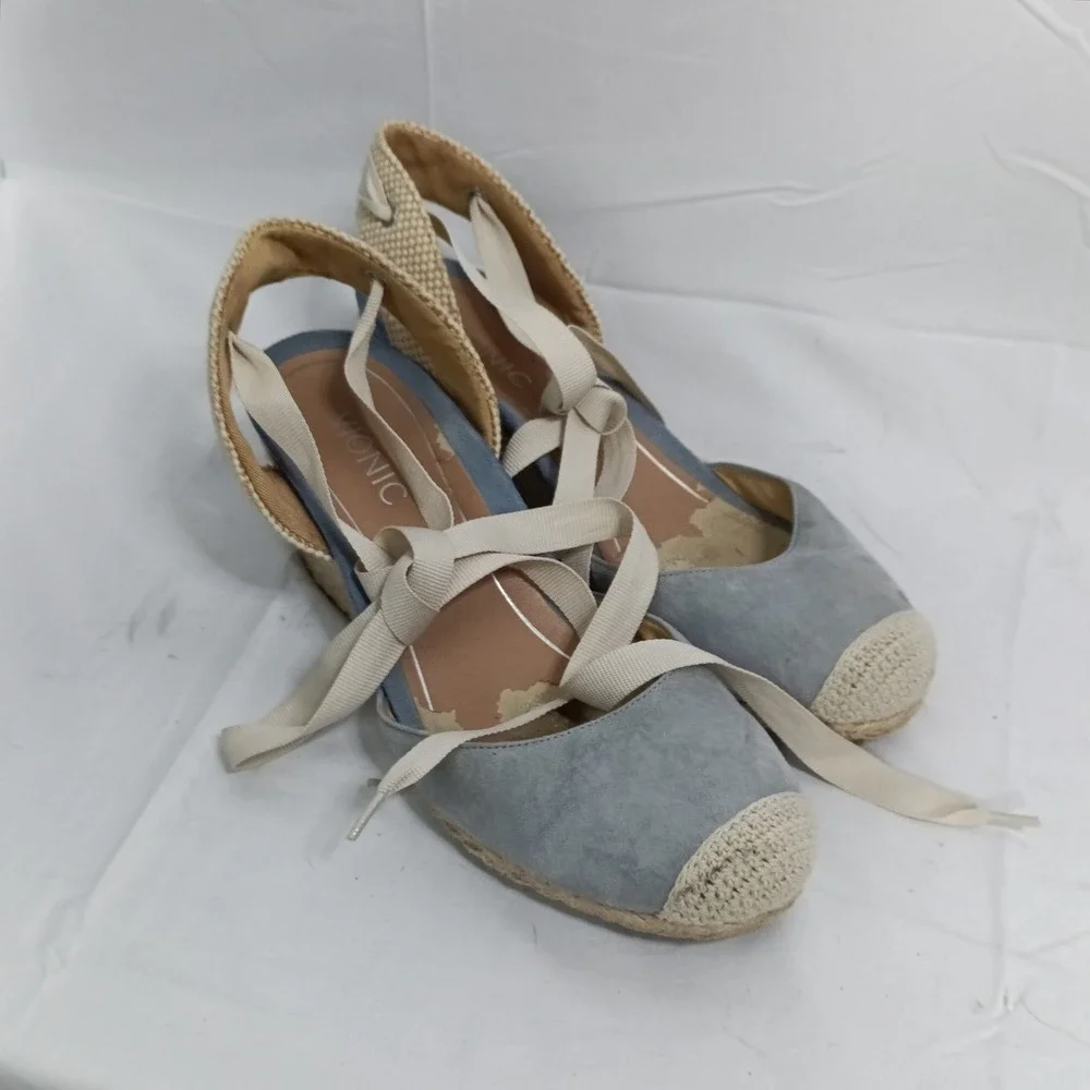 Vionic Womens 9.5 Blue Suede Lace Up Ankle Tie Espadrille Wedge Sandals s8